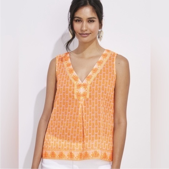 Vineyard Vines Pineapple Border Print Woven Tank Top Size Small Safety Yellow - Picture 1 of 12